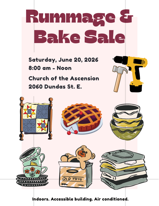Rummage and Bake Sale on Saturday June 20 from 8 a.m. to noon at Church of the Ascension 2060 Dundas Street East. Good used tools, housewares, clothes and more plus fresh baked goods, new handmade quilts and hand-crafted greeting cards. The sale is indoors. The church is accessible and air-conditioned.